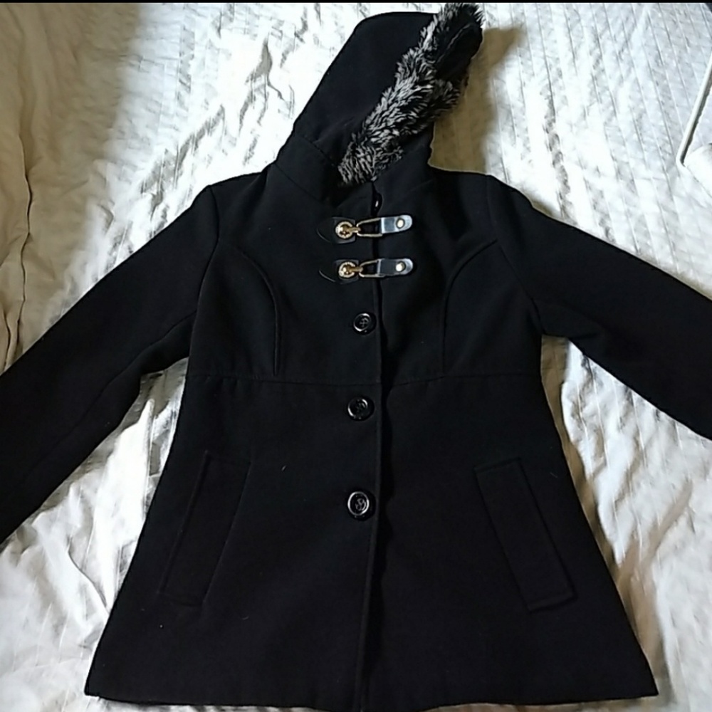 Wool hooded fur coat